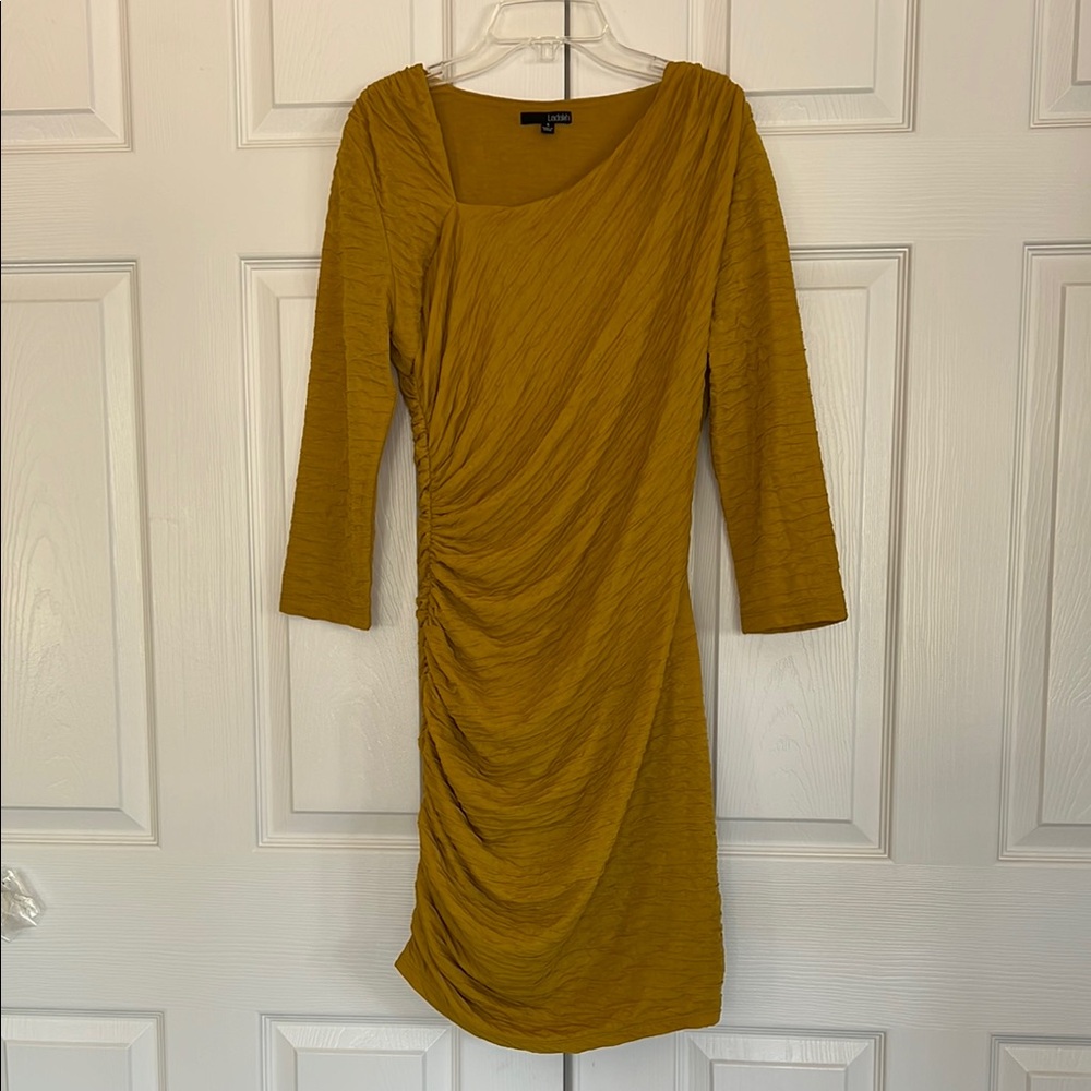 Ladakh Mustard Yellow Asymmetrical Neckline Ruched Sheath Draped Dress Small
